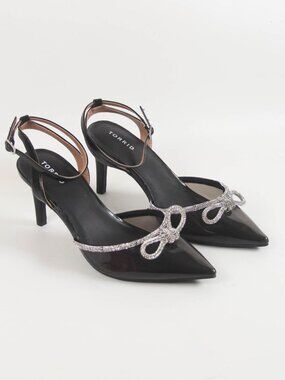 Torrid Black Rhinestone Bow Pointed Toe Slingback Heels Size 12WW Wide Width